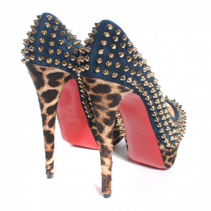 Christian Louboutin Veau Velours Calf Hair Leopard Lady Peep Spikes VIP 150 Pumps 38.5 Blue Khol Bronze 5 of 10