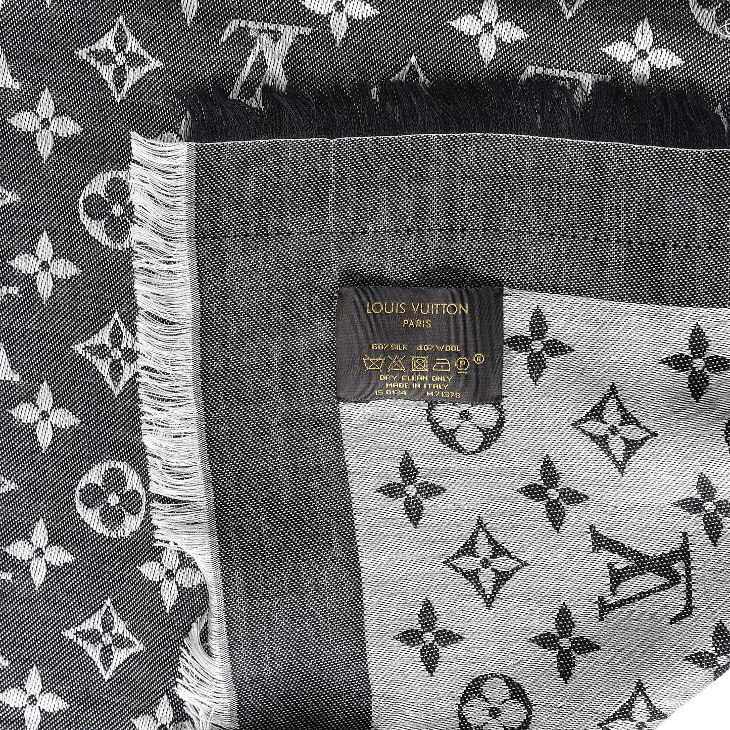 Wool Silk Monogram Denim Shawl Black