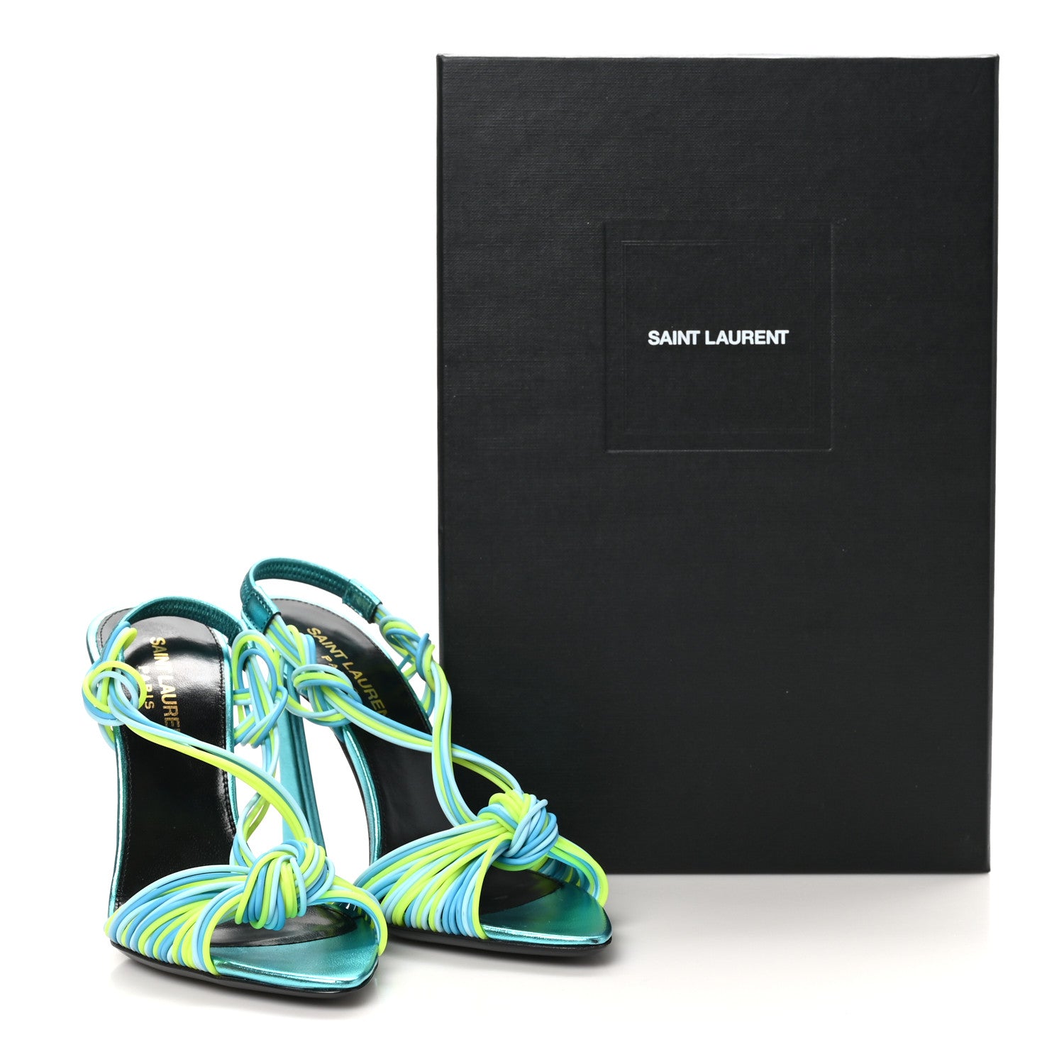 Saint Laurent Metallic Calfskin Gippy 105 Sandals 35.5 Cerulean Giallo Fluo 9 of 9