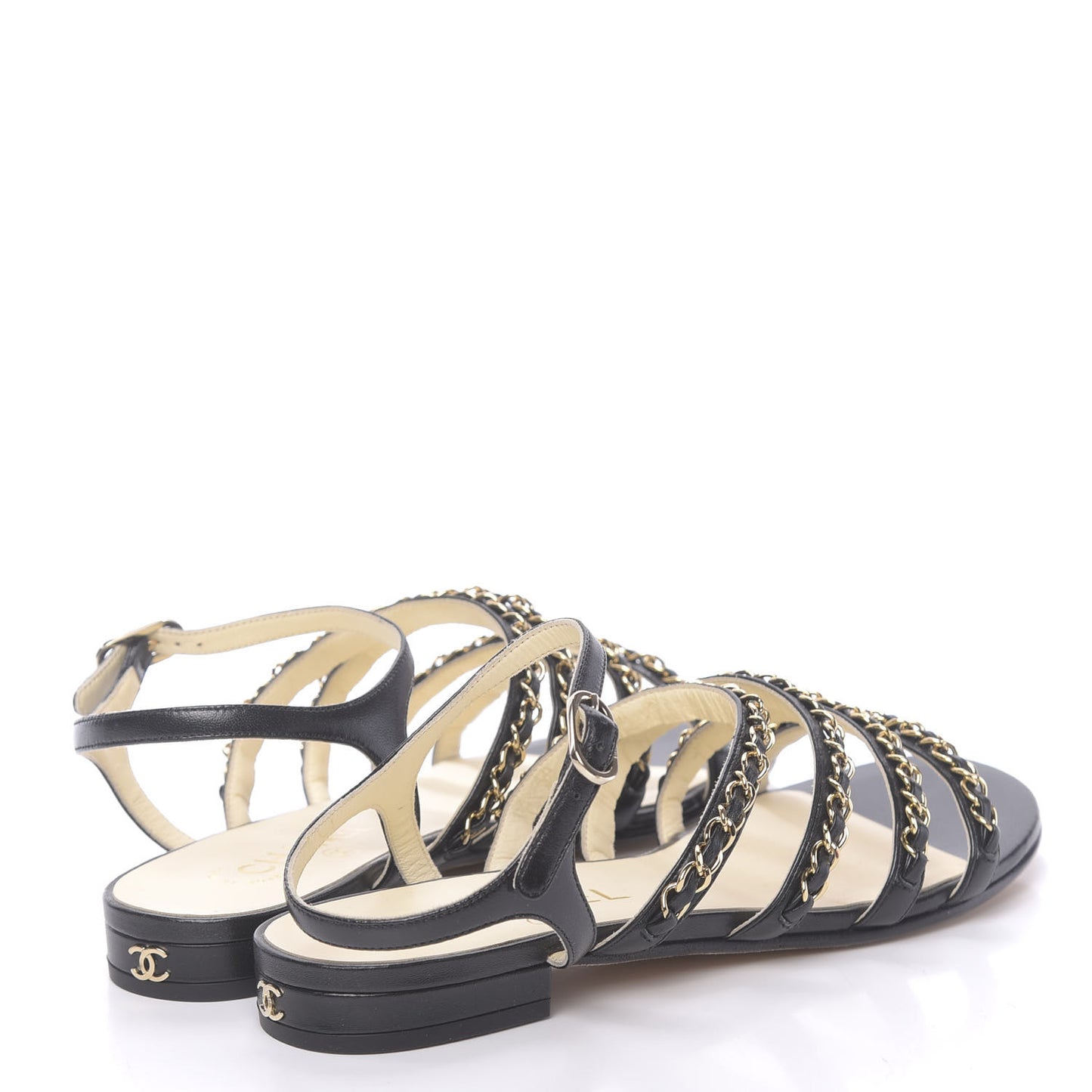 Calfskin Chain Flat Sandals 37.5 Black