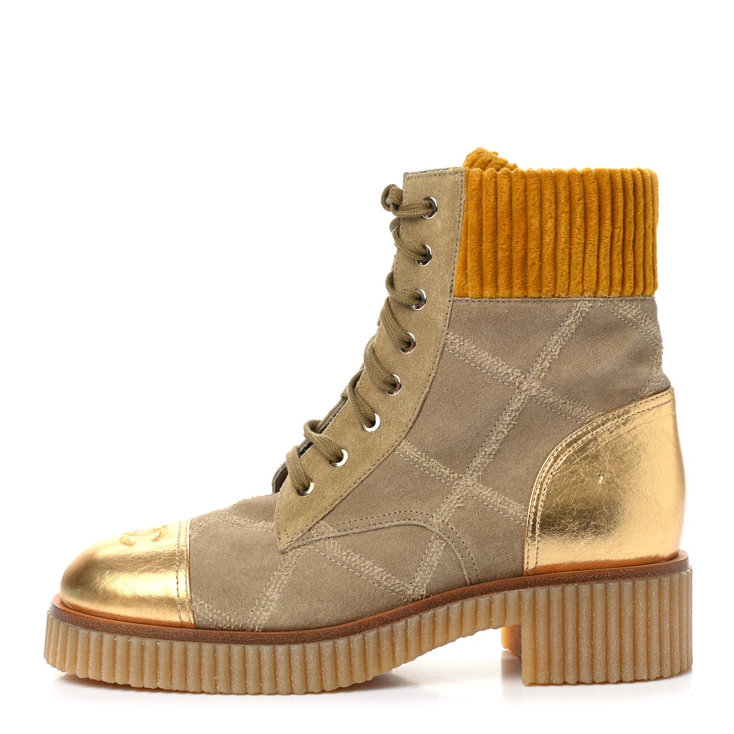 Suede Calfskin Velvet Quilted CC Combat Boots 39.5 Beige Yellow Gold