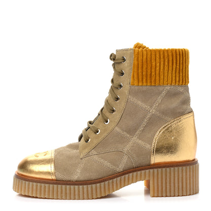 Chanel Suede Calfskin Velvet Quilted CC Combat Boots 39.5 Beige Yellow Gold 1 of 9