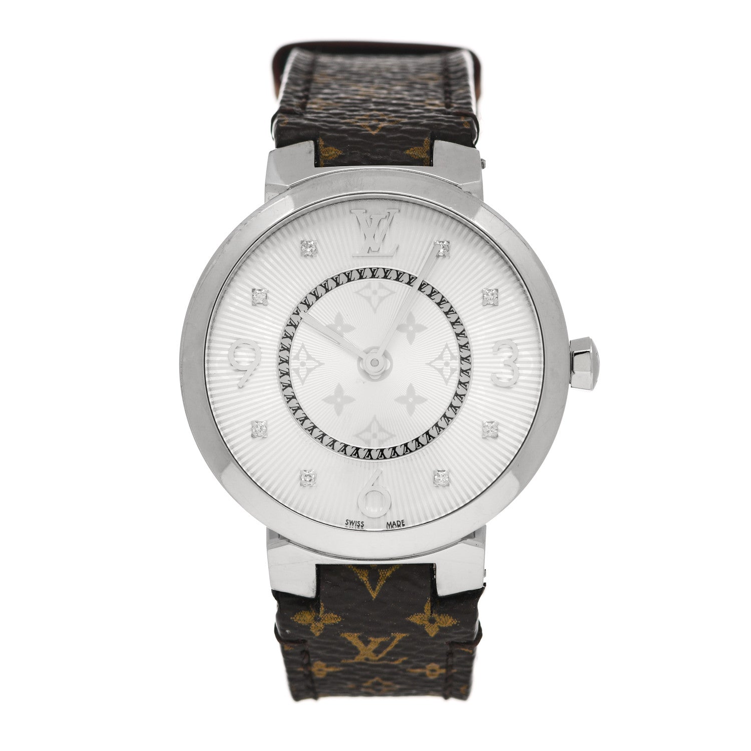 Louis Vuitton Stainless Steel Monogram Diamond 33mm Tambour Slim Quartz Watch 1 of 5