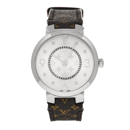 Louis Vuitton Stainless Steel Monogram Diamond 33mm Tambour Slim Quartz Watch 1 of 5