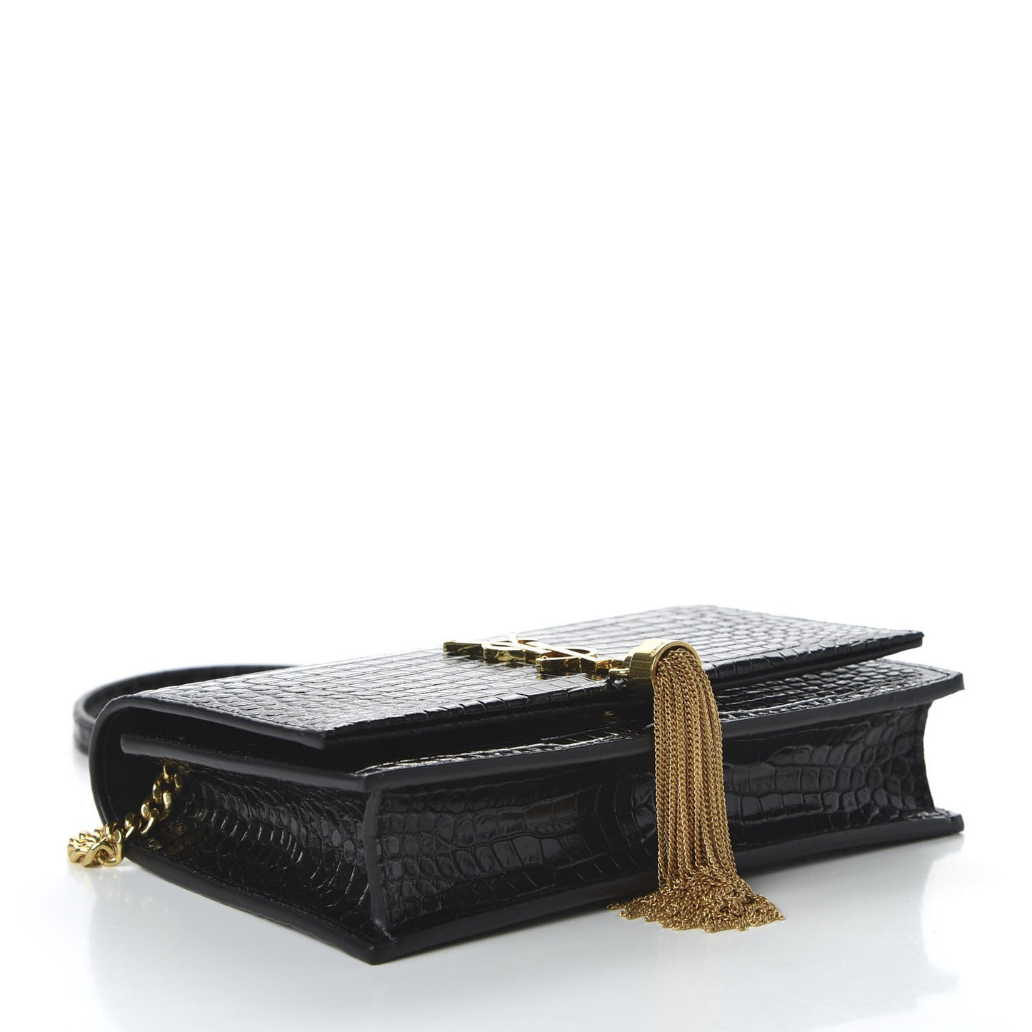 Calfskin Crocodile Embossed Kate Monogram Tassel Chain Wallet Black