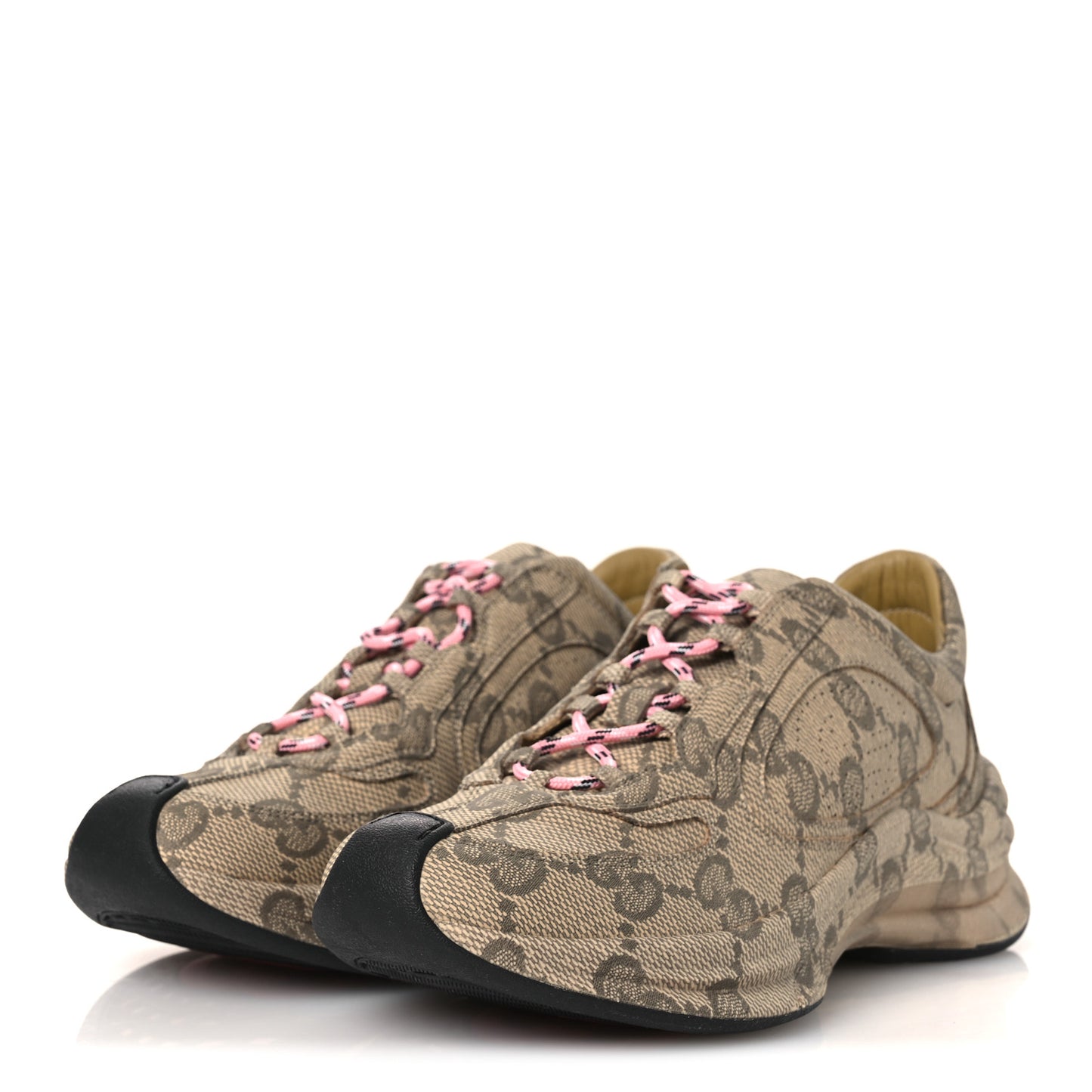 Ultralight Plume Calfskin Monogram Printed Womens Gucci Run Sneakers 37.5 Beige Ebony