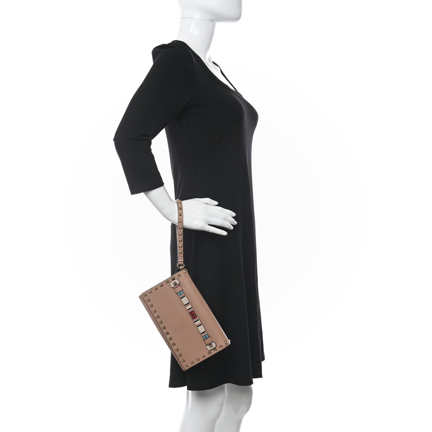 Pebbled Calfskin Beaded Rockstud Wristlet Clutch Soft Noisette