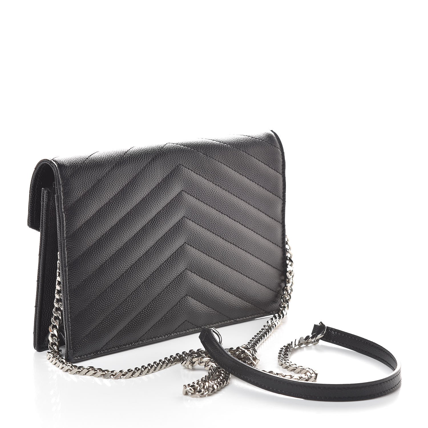 Saint Laurent Grain De Poudre Matelasse Chevron Monogram Envelope Chain Wallet Black 3 of 9