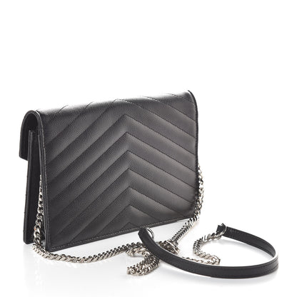Saint Laurent Grain De Poudre Matelasse Chevron Monogram Envelope Chain Wallet Black 3 of 9