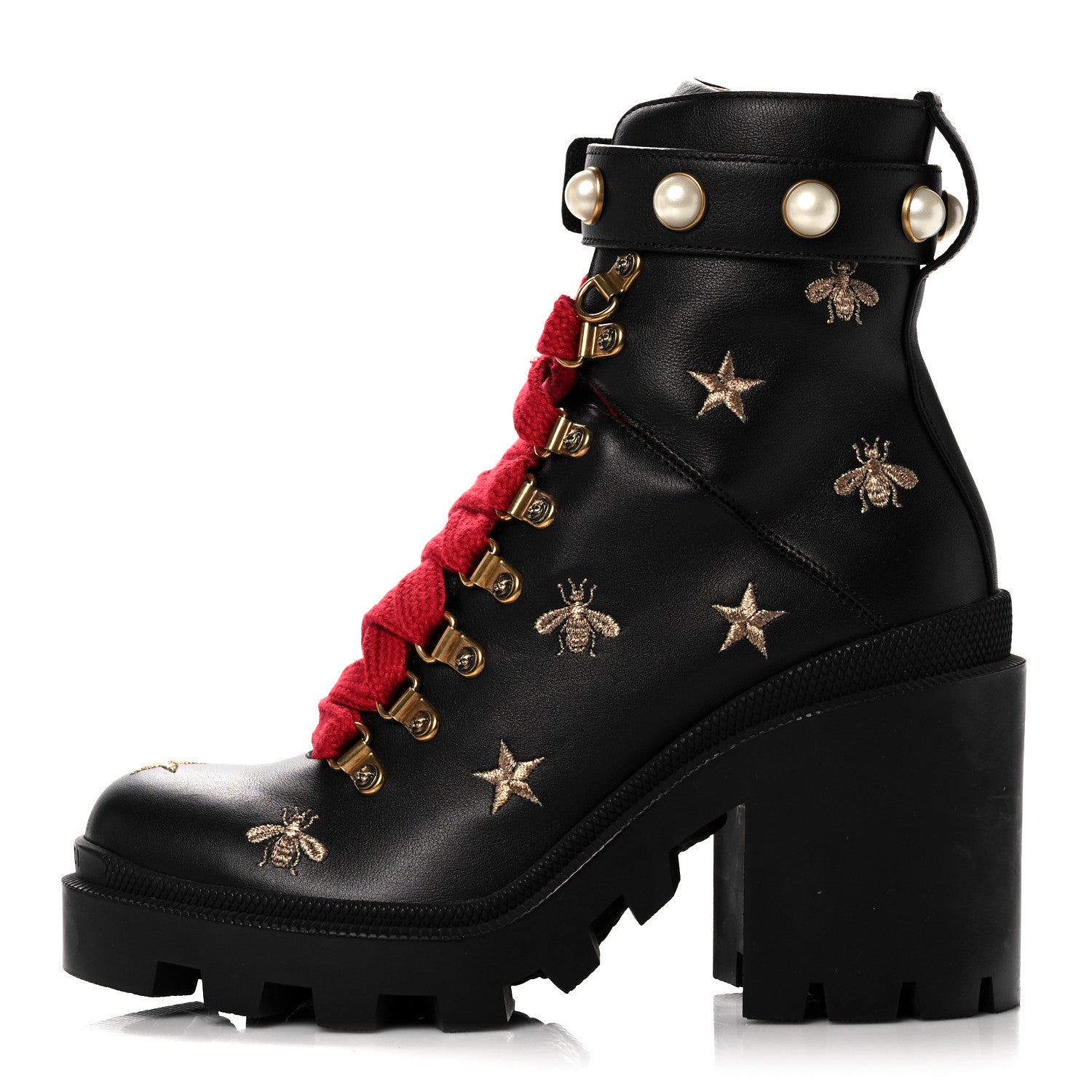 Gucci Calfskin Embroidered Lace Up Combat Ankle Boots 37 Black 1 of 14