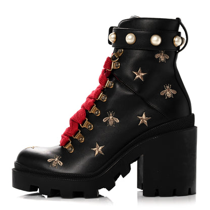 Gucci Calfskin Embroidered Lace Up Combat Ankle Boots 37 Black 1 of 14