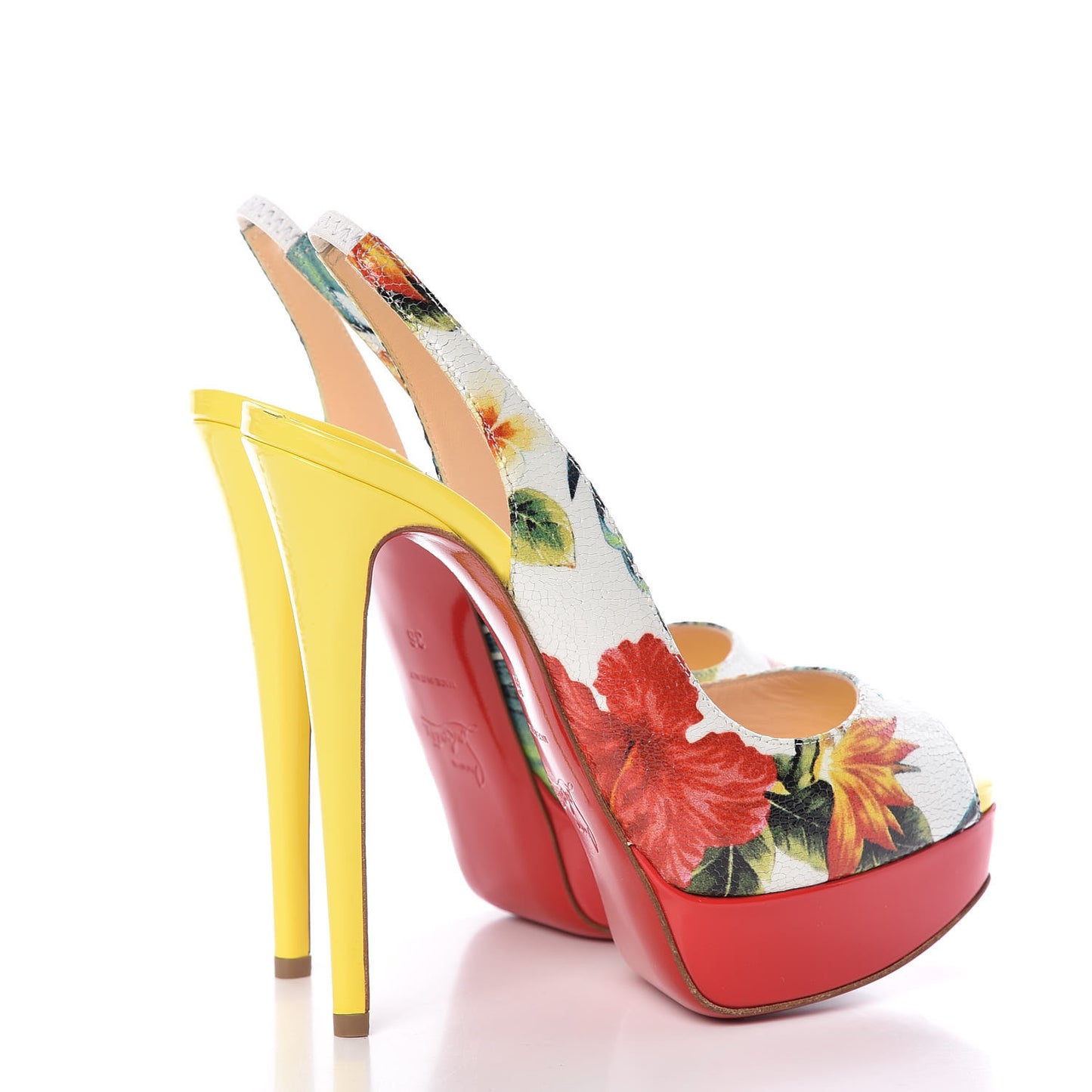 Crackled Calfskin Patent Hawaii Print Lady Peep Sling 150 Pumps 36 Version White