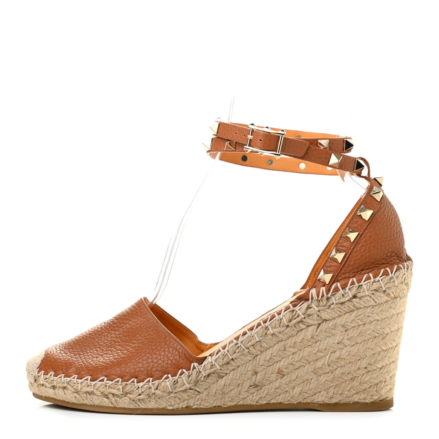 Valentino Garavani Grained Calfskin Rockstud Ankle Wrap Espadrille 15/85mm Wedges 39 Light Cuir 1 of 9