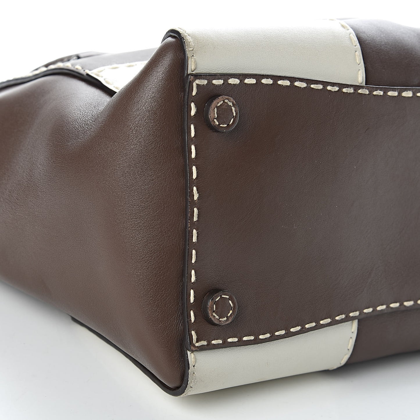 City Calf Small Stitched Twin Pocket Tote Cacao White