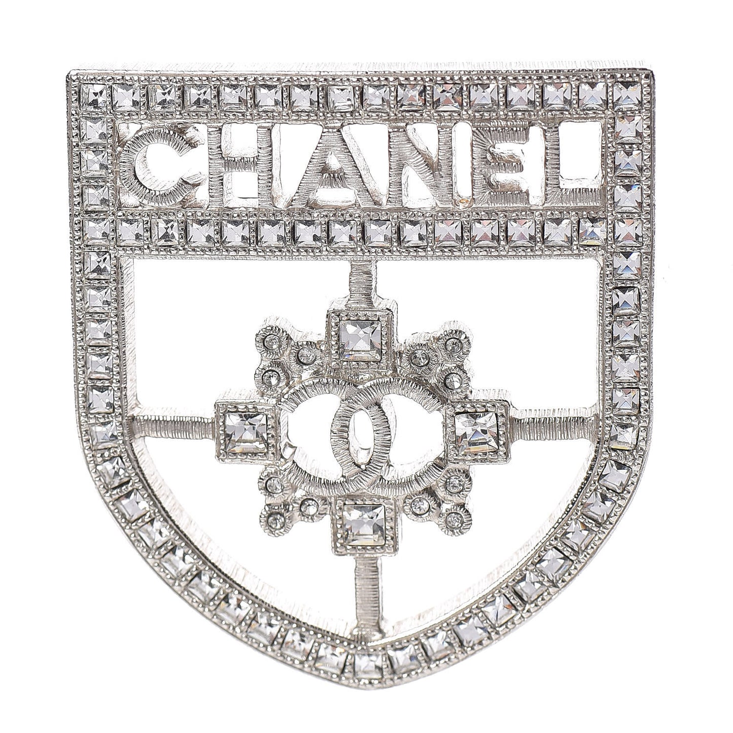 Swarovski Baguette Crystal CC Shield Brooch Silver
