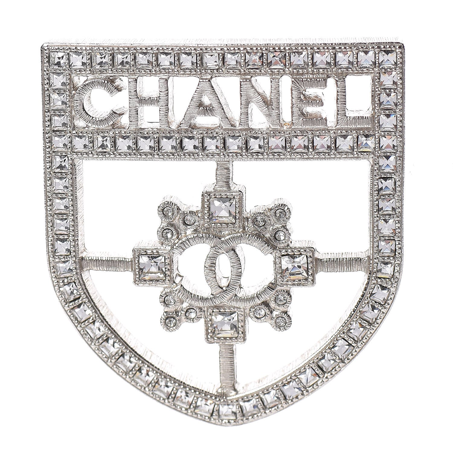 Chanel Swarovski Baguette Crystal CC Shield Brooch Silver 1 of 5