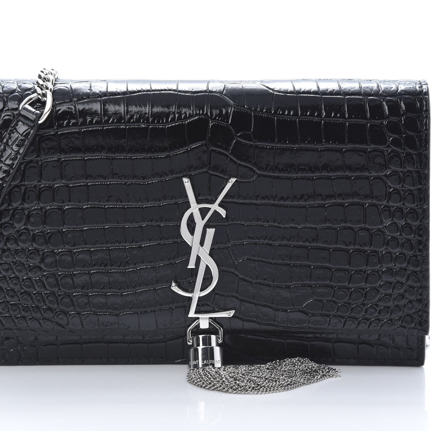 Calfskin Crocodile Embossed Kate Monogram Tassel Chain Wallet Black