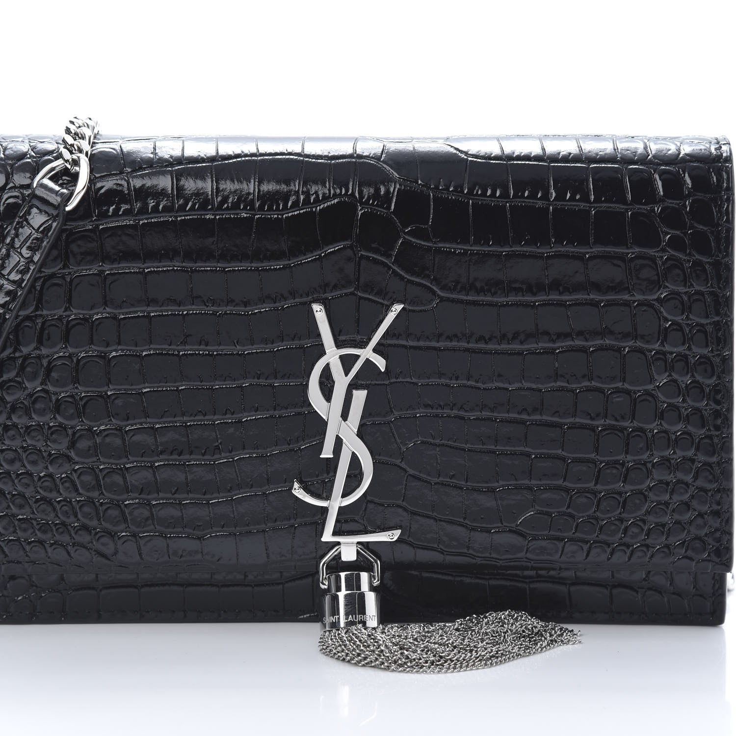 Saint Laurent Calfskin Crocodile Embossed Kate Monogram Tassel Chain Wallet Black 9 of 12
