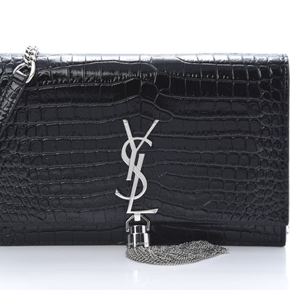 Saint Laurent Calfskin Crocodile Embossed Kate Monogram Tassel Chain Wallet Black 9 of 12