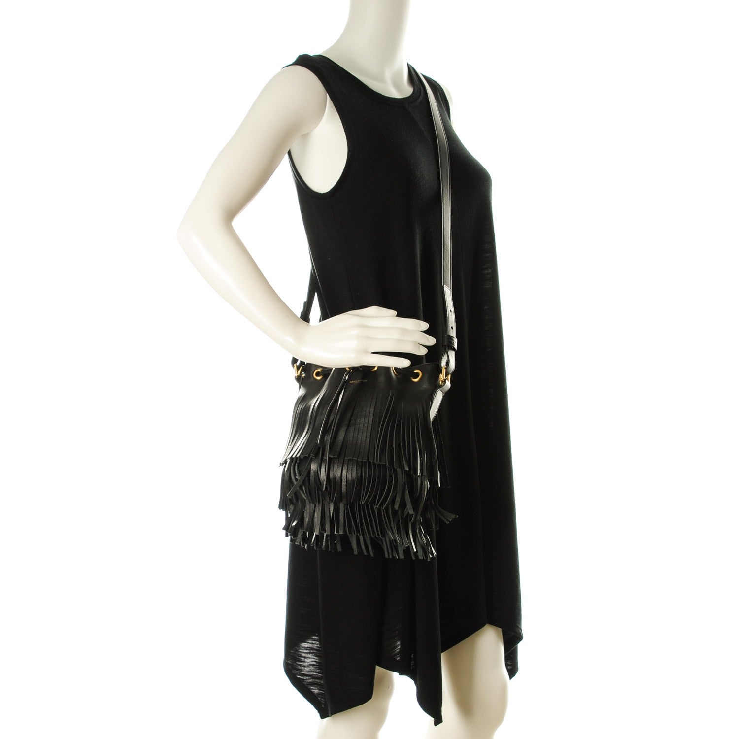 Saint Laurent Calfskin Small Emmanuelle Fringe Bucket Bag Black 2 of 7