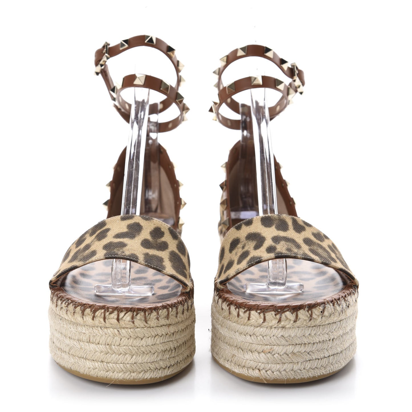 Canvas Leopard Print Rockstud Ankle Wrap Espadrille Flatform Sandals 39 Brown
