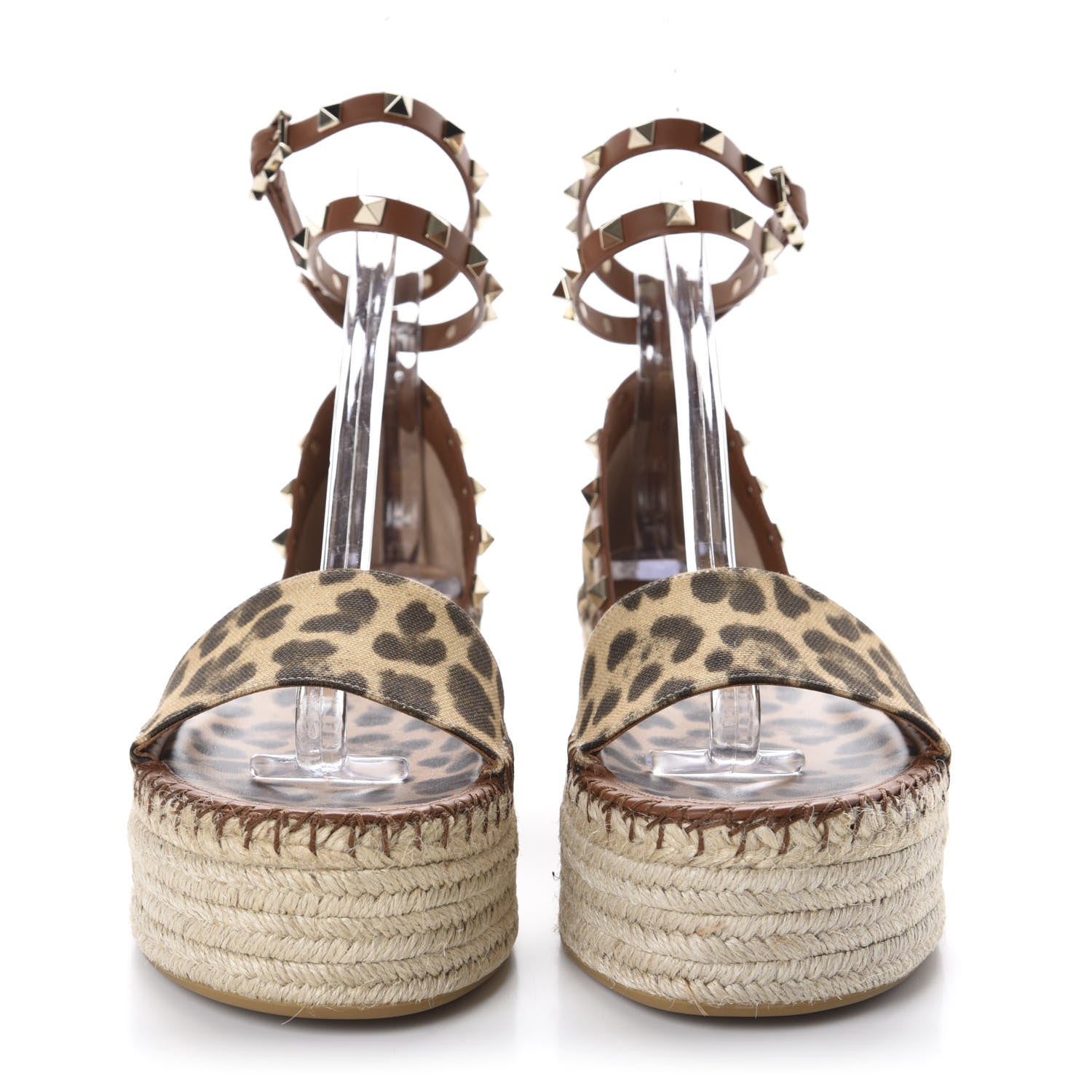 Valentino Garavani Canvas Leopard Print Rockstud Ankle Wrap Espadrille Flatform Sandals 39 Brown 2 of 10