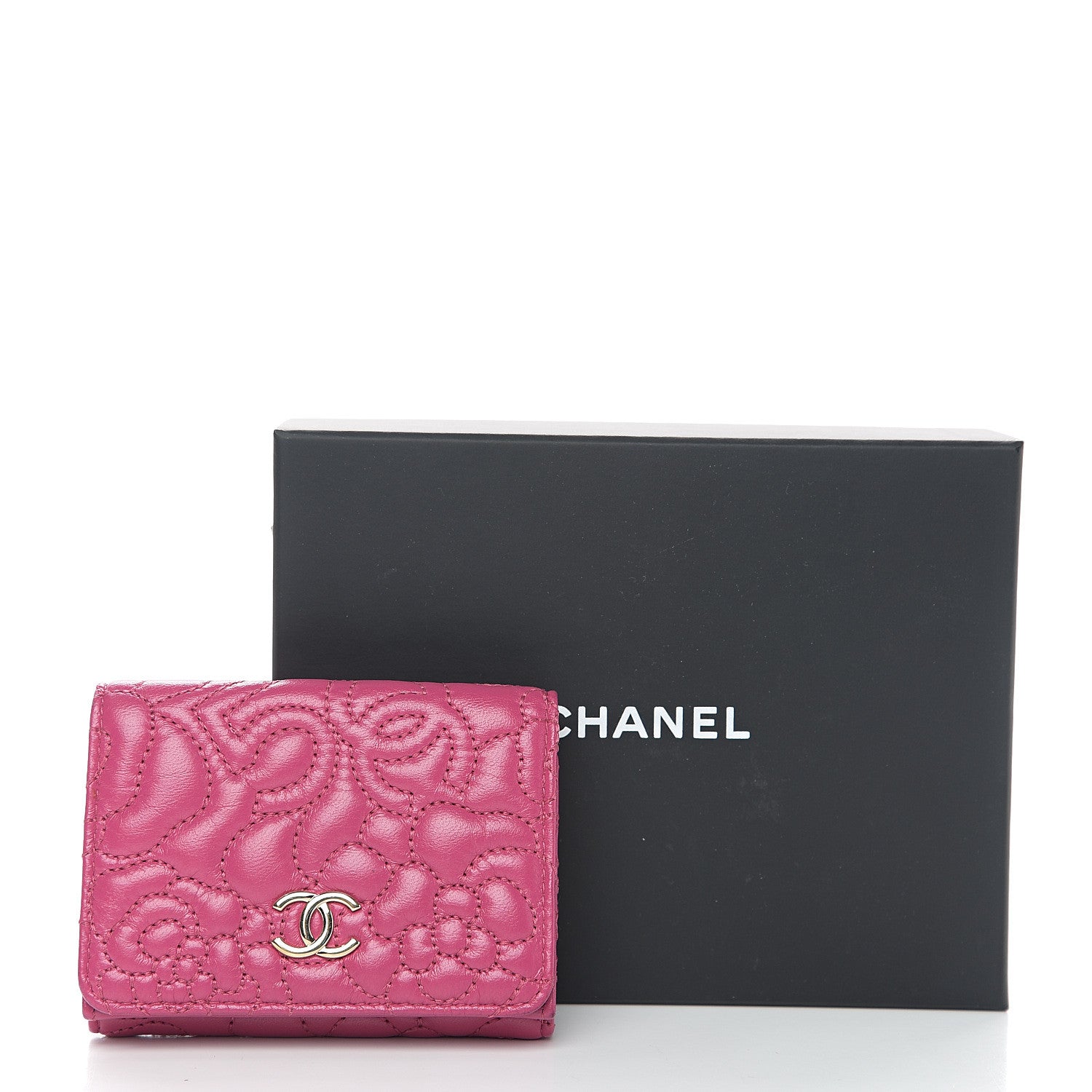 Chanel Lambskin Camellia Embossed Compact Wallet Fuchsia 8 of 8