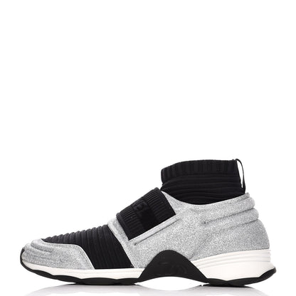 Chanel Glitter Stretch Fabric CC Sneakers 38.5 Black Silver 1 of 11