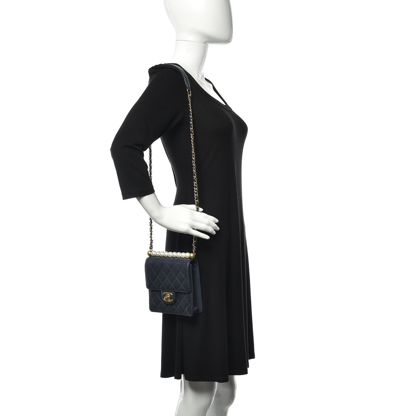Iridescent Lambskin Quilted Chic Pearls Flap Navy Blue
