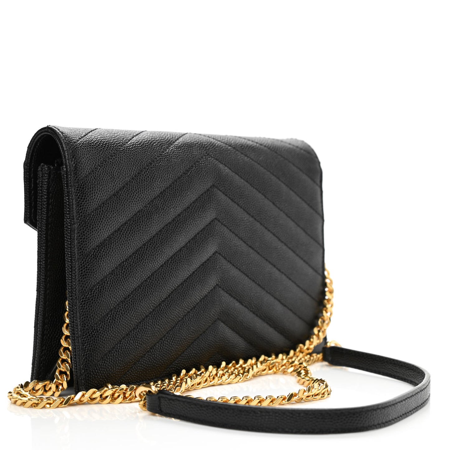 Grain De Poudre Matelasse Chevron Monogram Envelope Chain Wallet Black