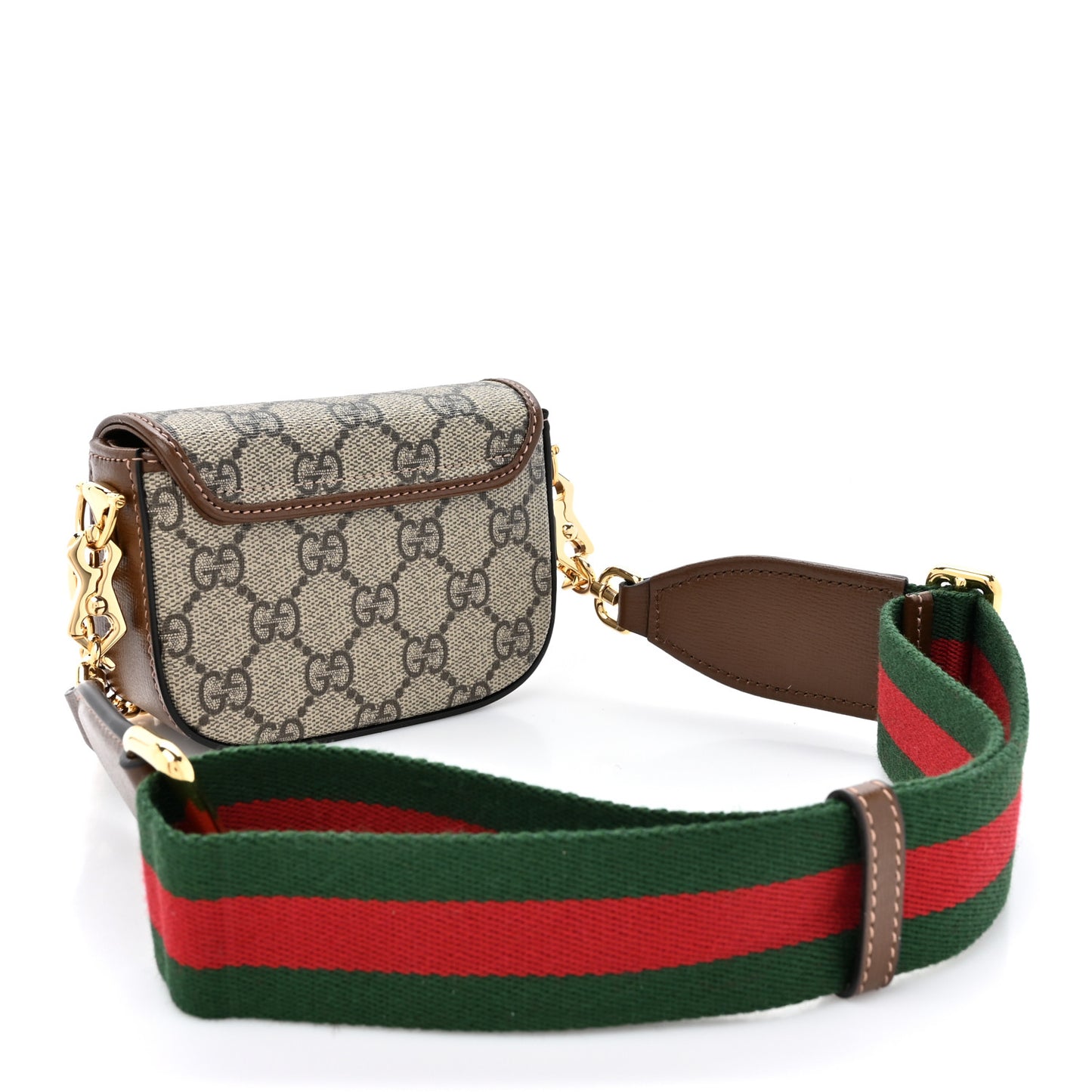 GG Supreme Monogram Azalea Calfskin Web Horsebit 1955 Wallet On Strap Beige Ebony Brown Sugar