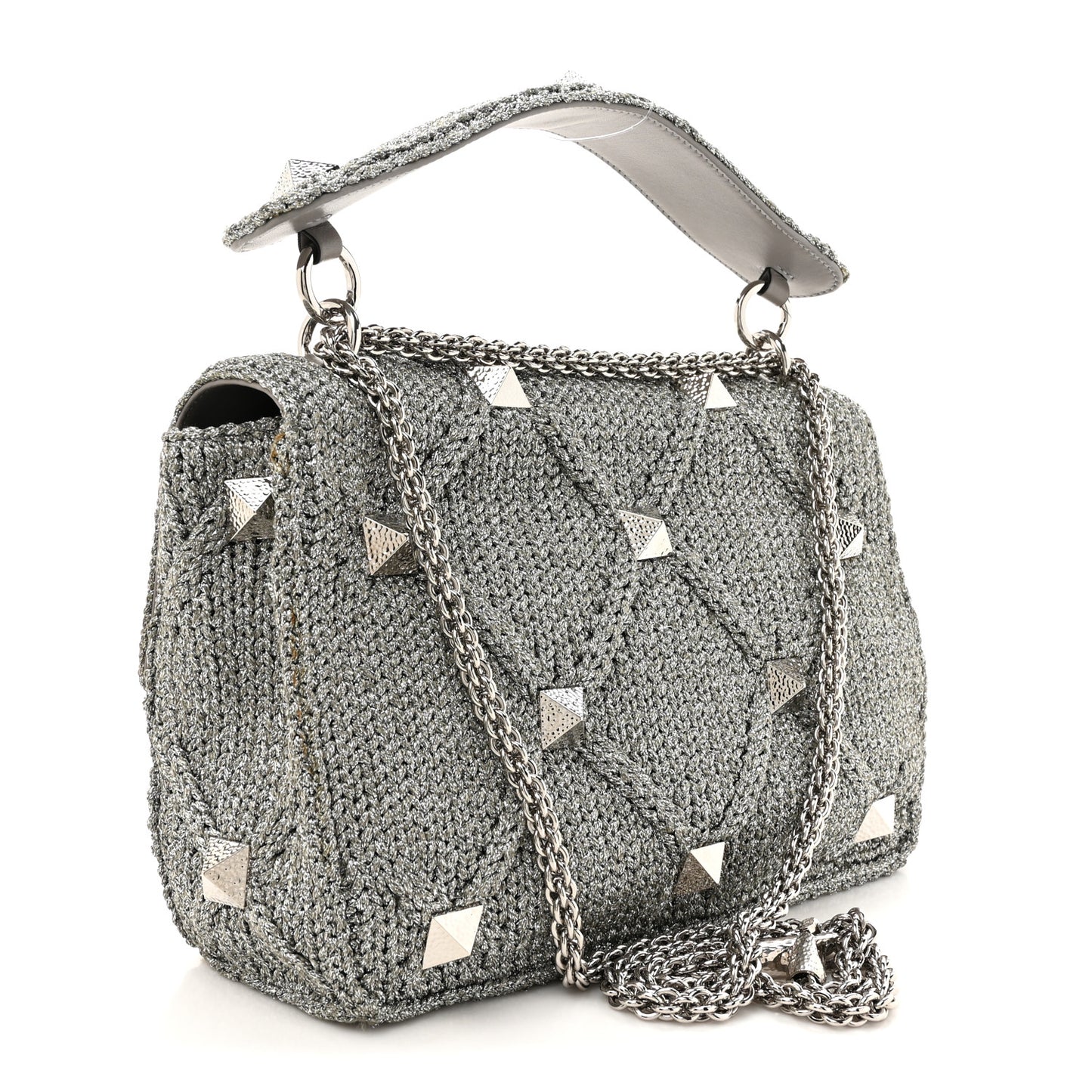 Metallic Lurex Knit Large Roman Stud Shoulder Bag Silver