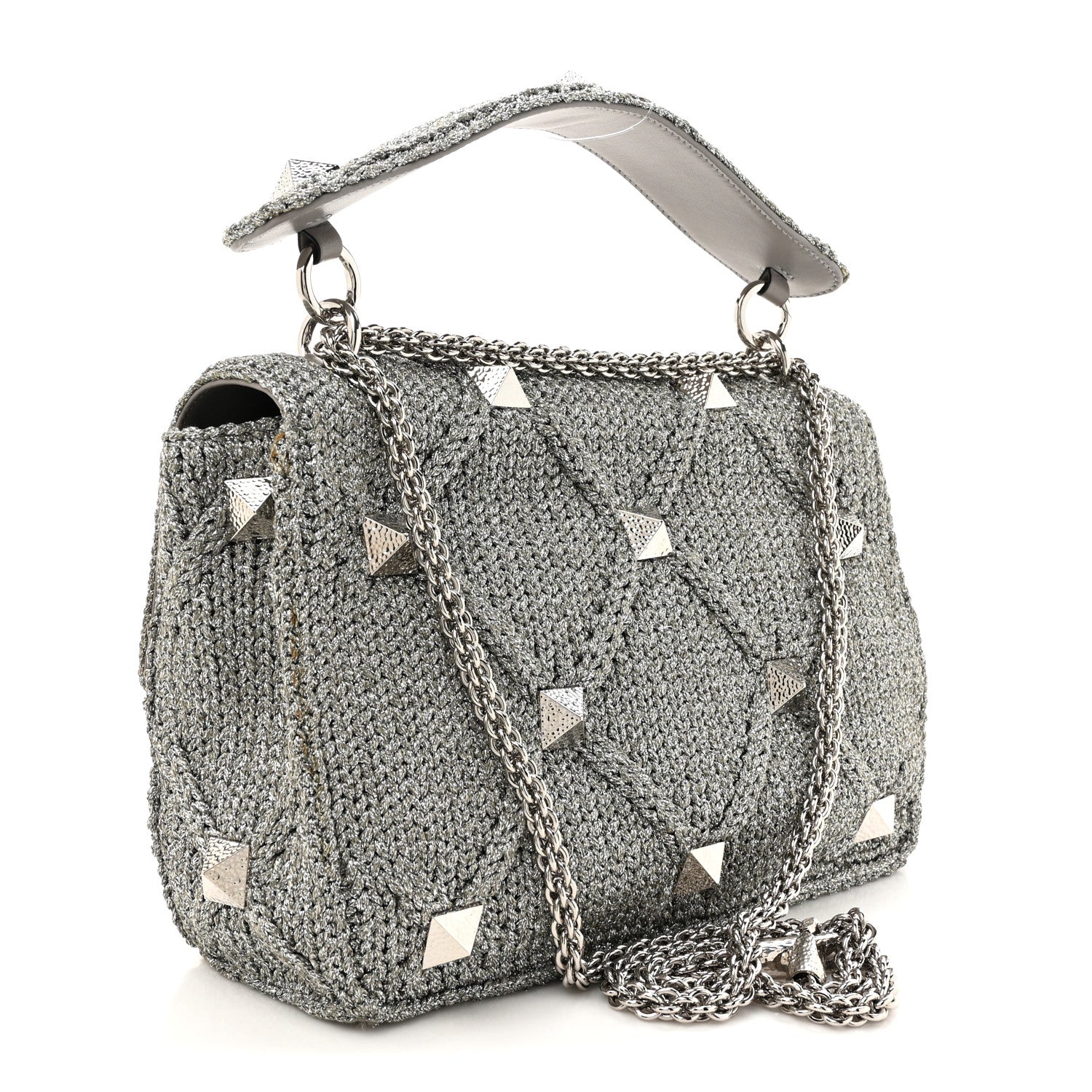 Valentino Garavani Metallic Lurex Knit Large Roman Stud Shoulder Bag Silver 3 of 9