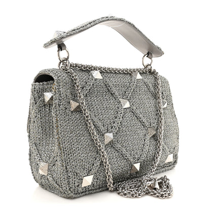 Valentino Garavani Metallic Lurex Knit Large Roman Stud Shoulder Bag Silver 3 of 9