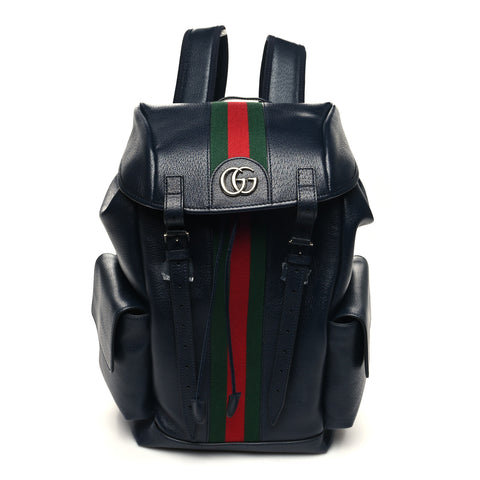 Textured Dollar Calfskin Web Medium Ophidia Double Buckle Backpack Blue Agata