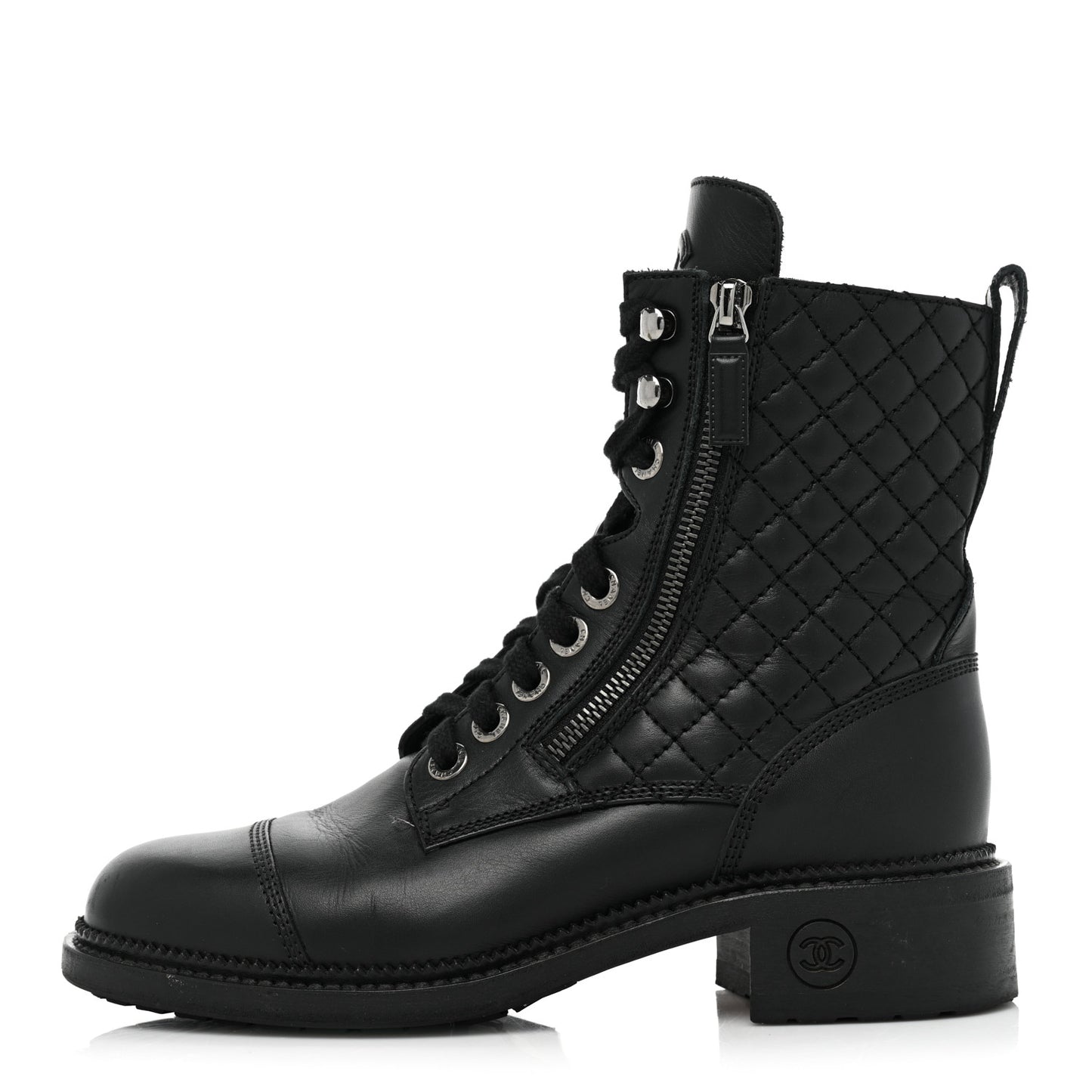 Calfskin Quilted Lace Up Combat Boots 38 Black