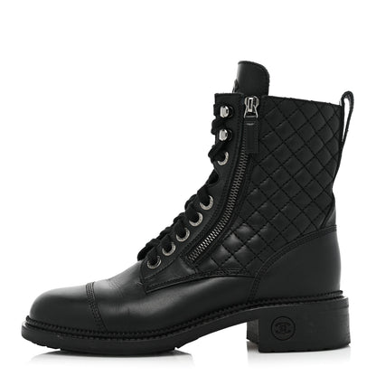 Chanel Calfskin Quilted Lace Up Combat Boots 38 Black 1 of 11