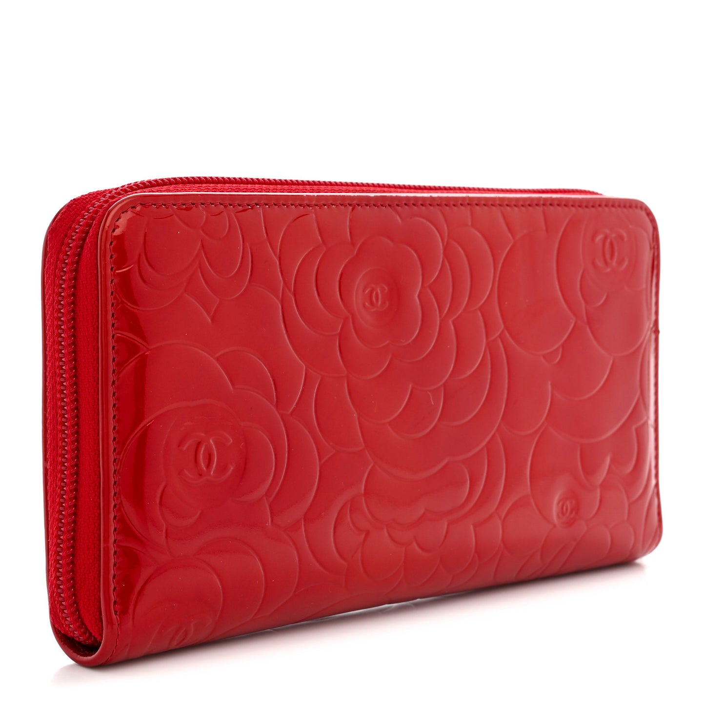 Patent Camellia Embossed Large Gusset Zip Around Wallet Red