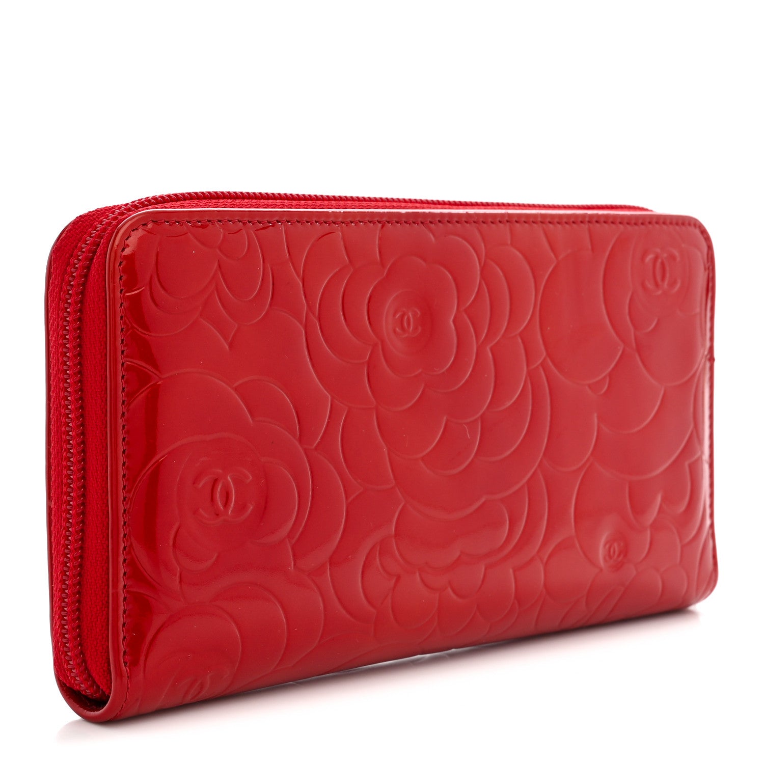 Chanel Patent Camellia Embossed Large Gusset Zip Around Wallet Red 3 of 7