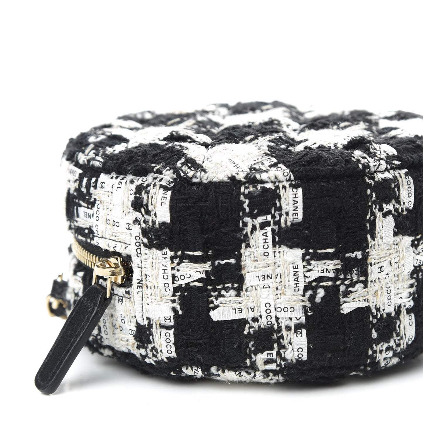 Tweed Round Clutch With Chain Black White