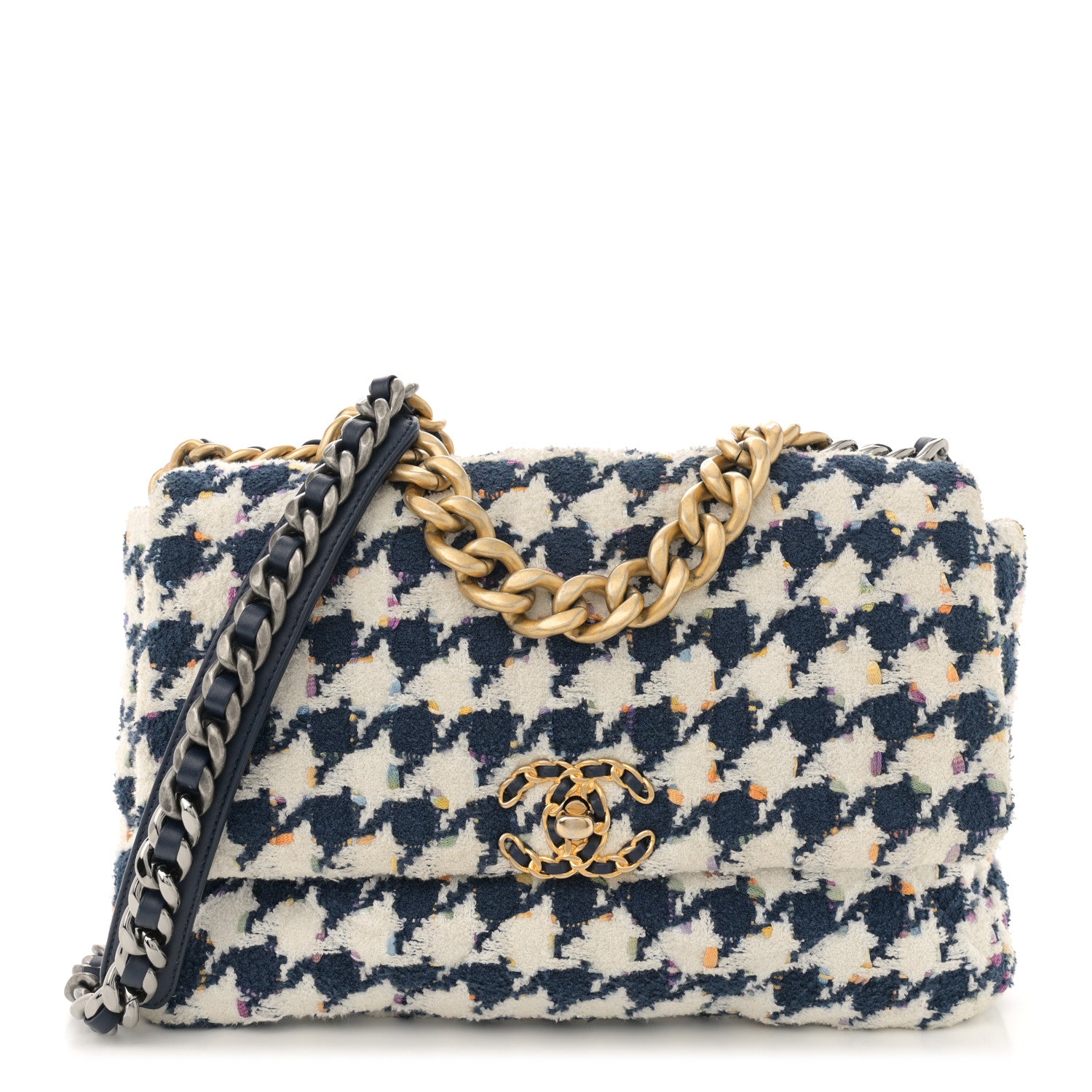 Chanel Tweed Quilted Medium Chanel 19 Flap Ecru Navy Blue Multicolor 1 of 10