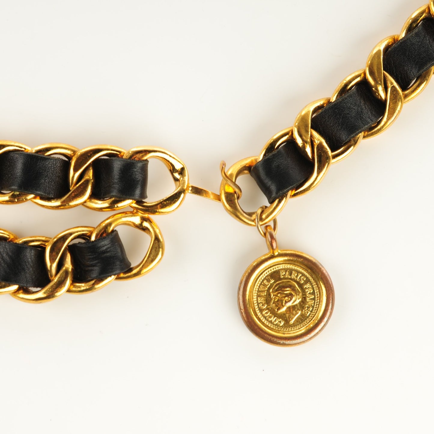 Lambskin CC Medallion Chain Belt Black Gold