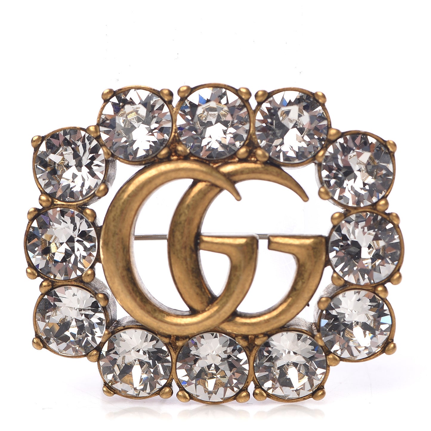 Metal Crystal Double G Brooch Aged Gold