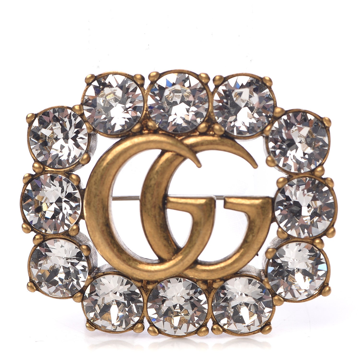Gucci Metal Crystal Double G Brooch Aged Gold 1 of 5