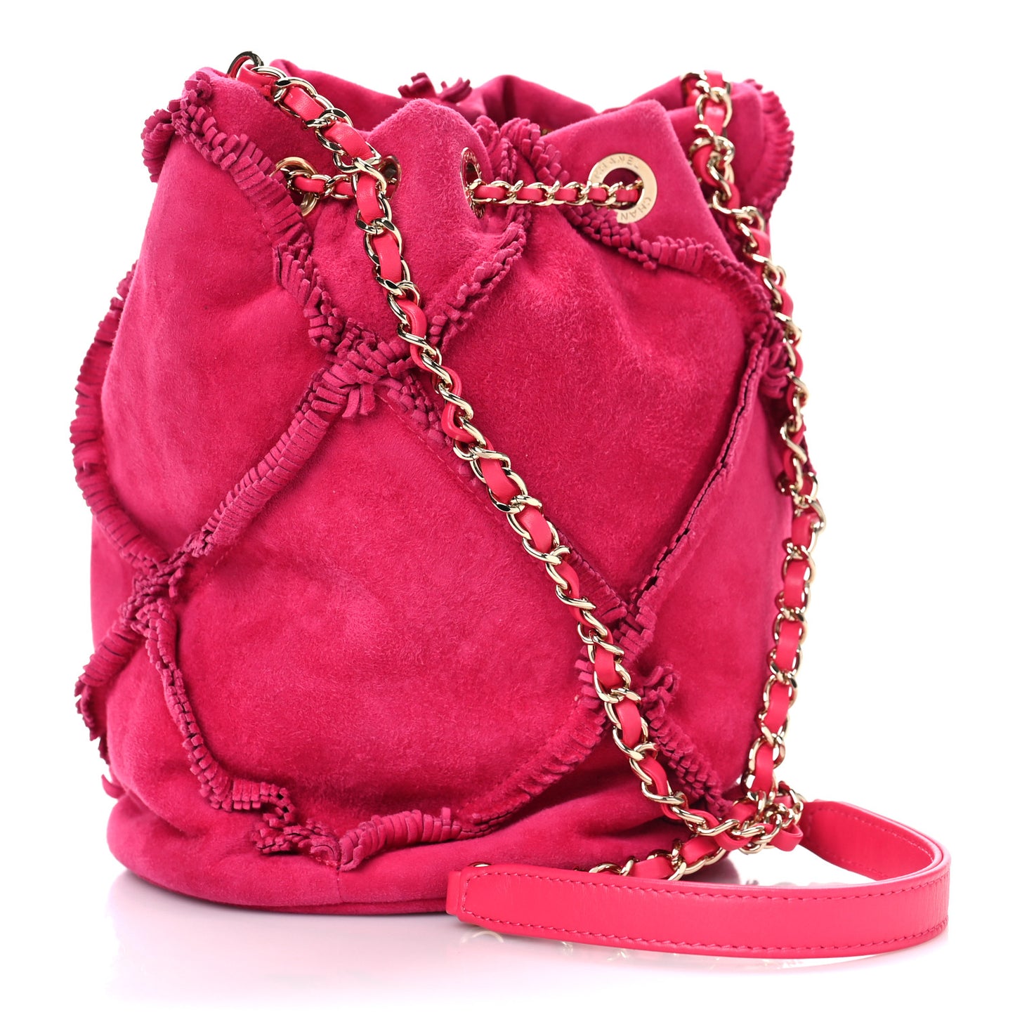 Suede Fringe Drawstring Bag Fuchsia