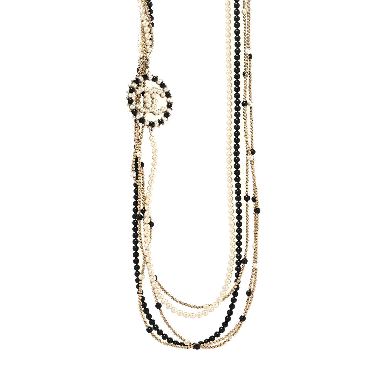 Pearl Beaded CC Multi Strand Long Necklace Black Gold