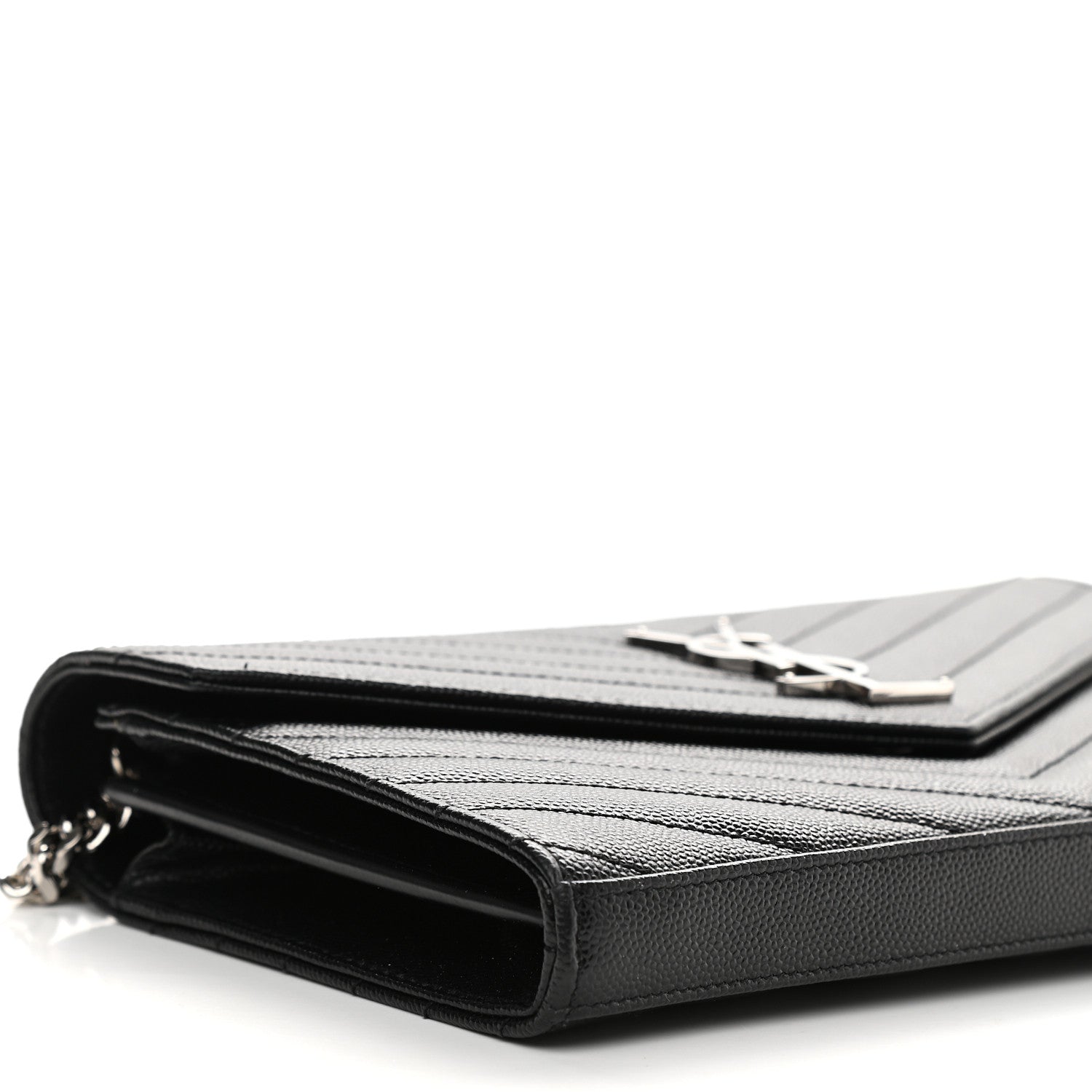 Saint Laurent Grain De Poudre Matelasse Chevron Monogram Chain Wallet Black 7 of 8