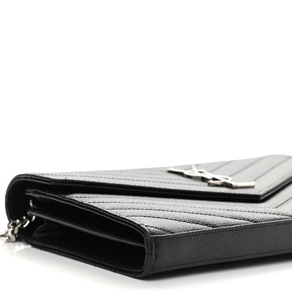 Saint Laurent Grain De Poudre Matelasse Chevron Monogram Chain Wallet Black 7 of 8