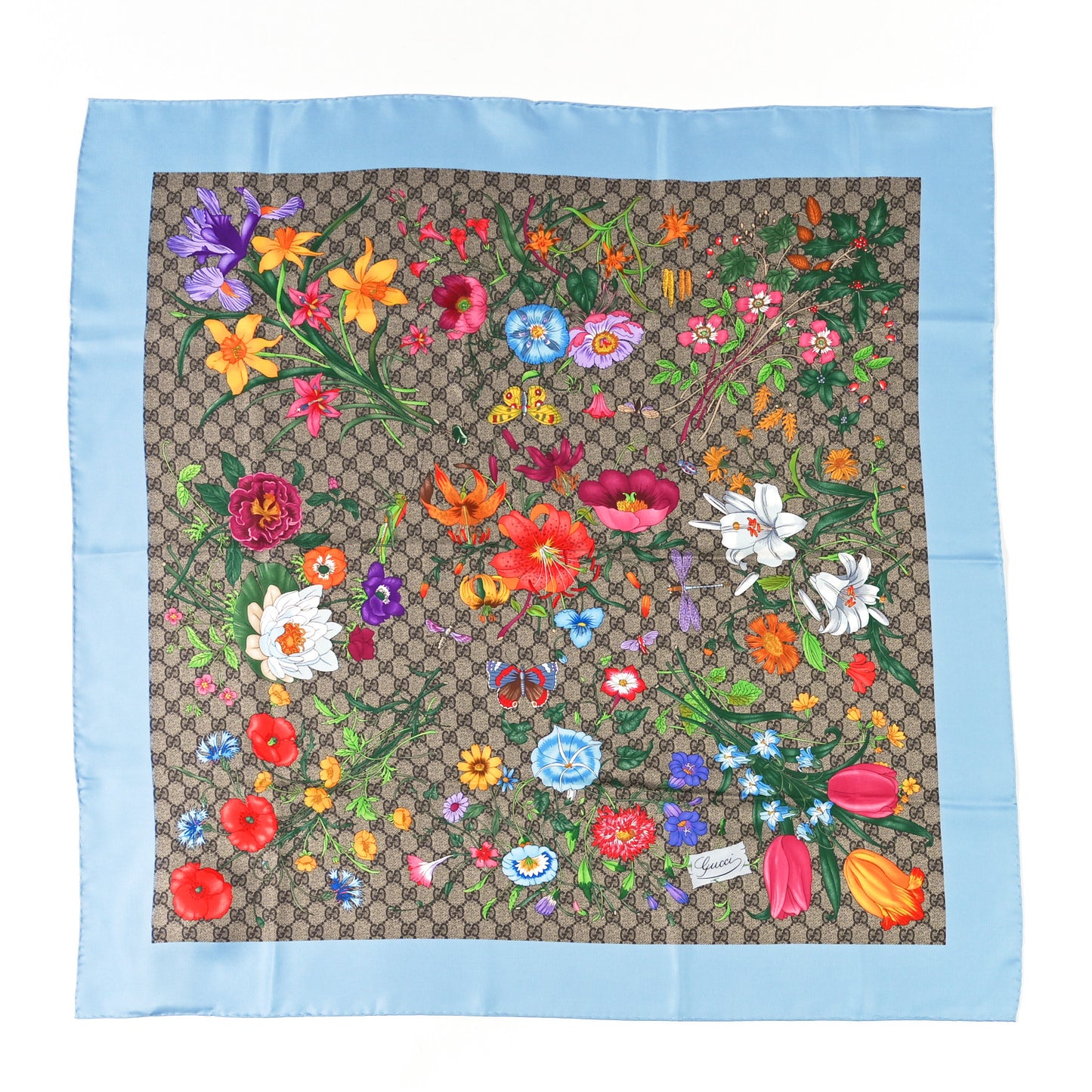 Silk Twill GG Monogram Special Florio Square Scarf Beige Sky Blue