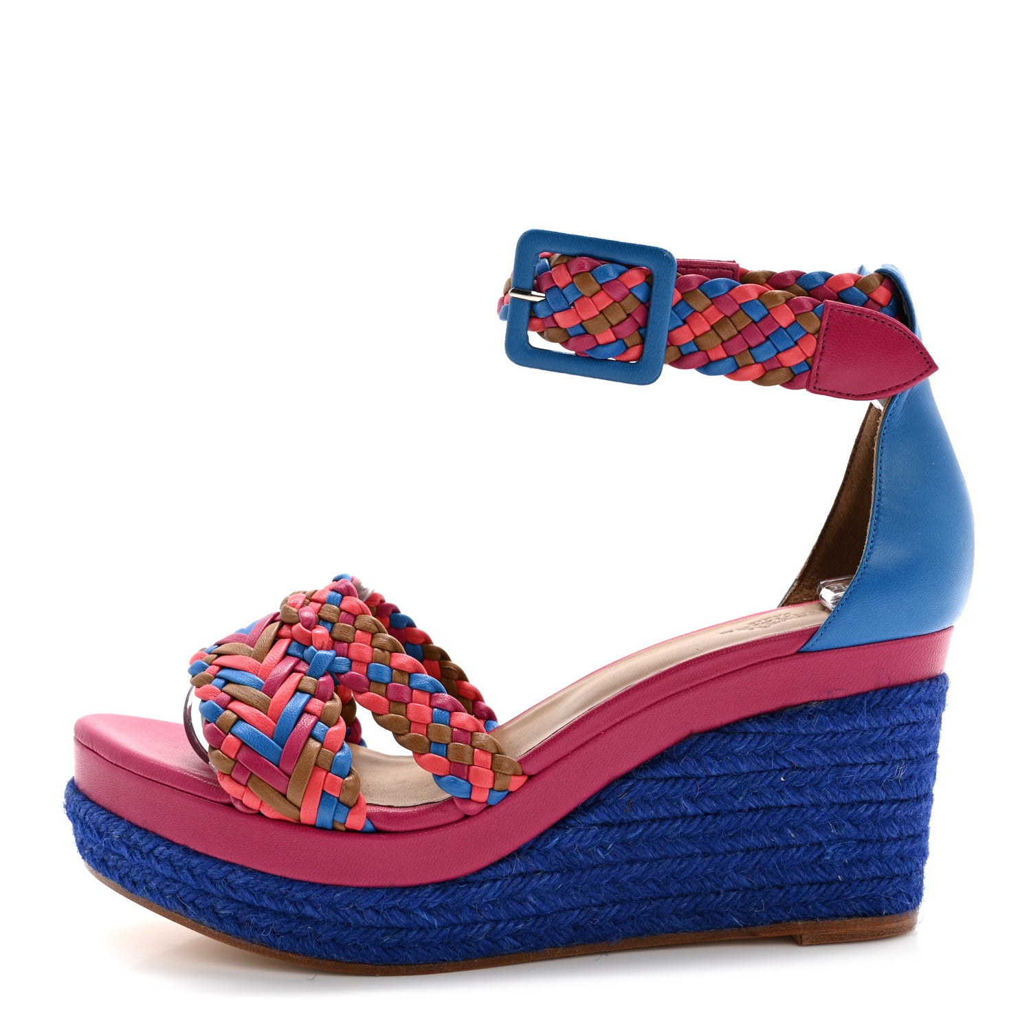 Hermes Braided Nappa Ines Espadrille Wedge Sandals 37 Corail Multicolor 1 of 10